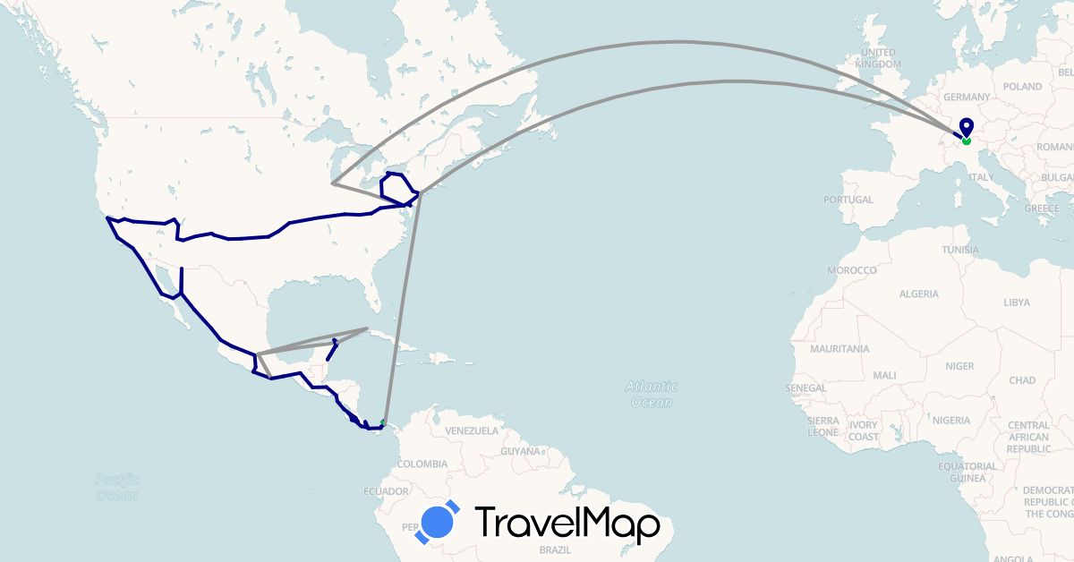 TravelMap itinerary: driving, bus, plane in Canada, Switzerland, Costa Rica, Cuba, Guatemala, Honduras, Mexico, Nicaragua, Panama, United States (Europe, North America)
